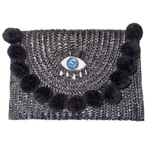 Urban Outfitters Shiraleah Chicago Black Woven Fiber Pom Pom Clutch Sequins Eye
